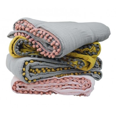 Silk soft  baby cotton muslin swaddle blankets and cot sheets  with pom poms